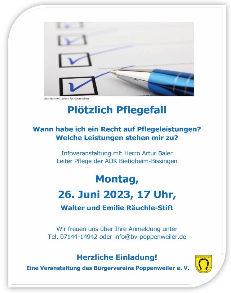 Einladung zur Veranstaltung: Plötzlich Pflegefall am 26.6.2023